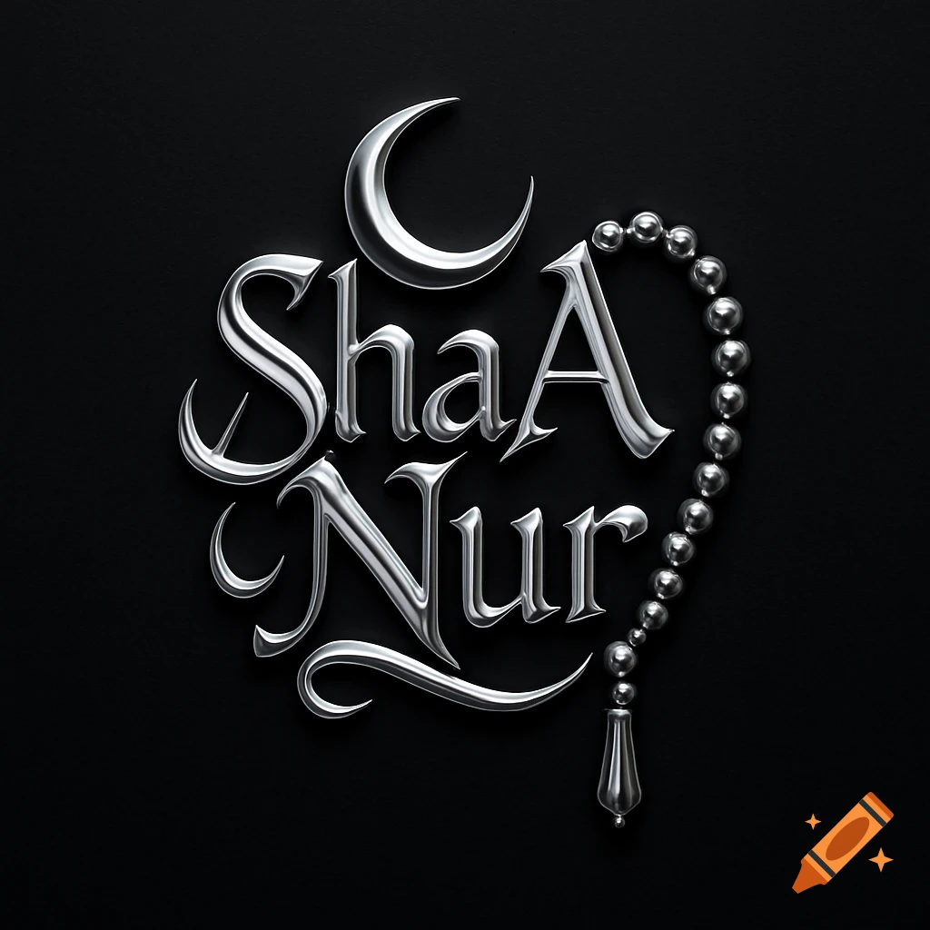 Silver glossy 'ShaA Nur' text with a crescent moon and prayer beads on a dark background, in a Muslim style.