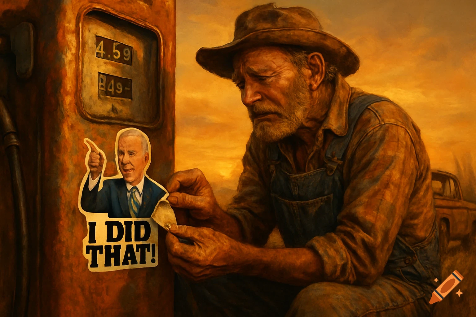 Oil painting of a crying old man peeling an 'I DID THAT!' Joe Biden sticker off a gas pump displaying high prices.