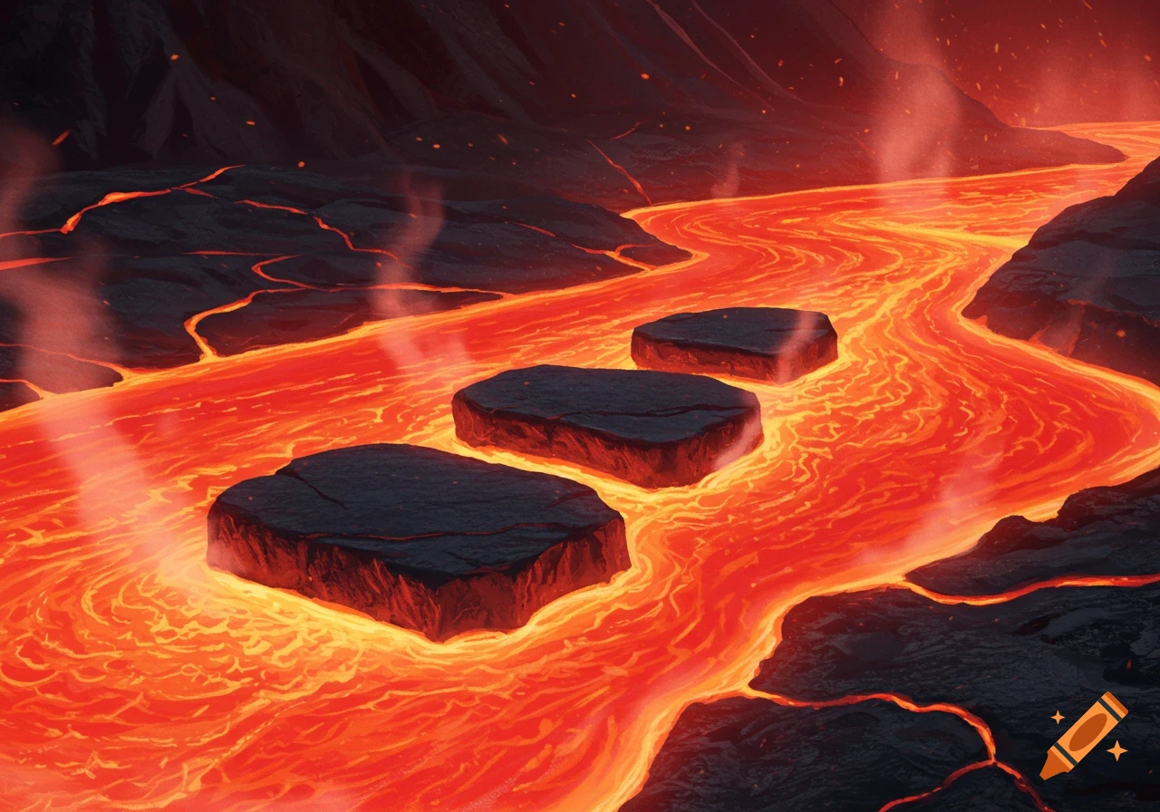 Three dark stepping stones on a glowing river of orange lava, surrounded by dark volcanic rock and steam.