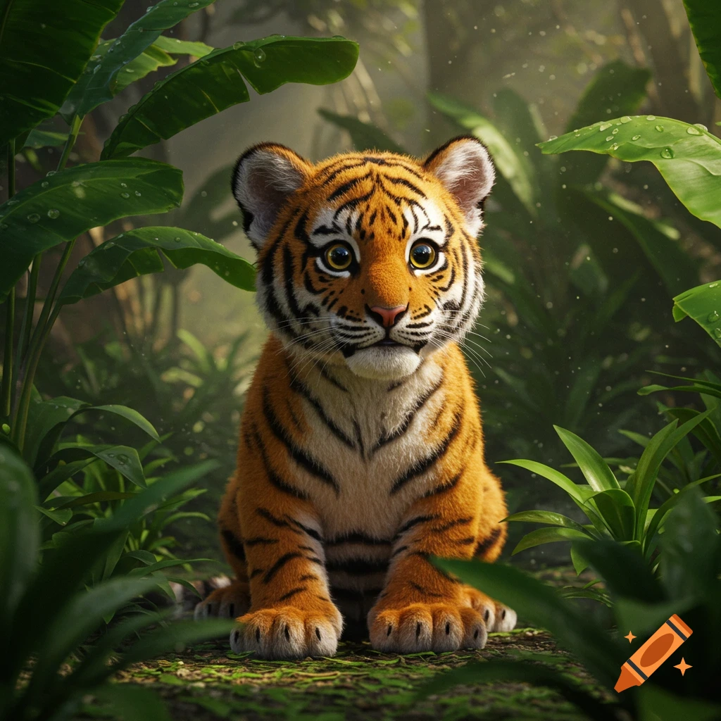 A cute baby tiger with big eyes sits in a lush green jungle.