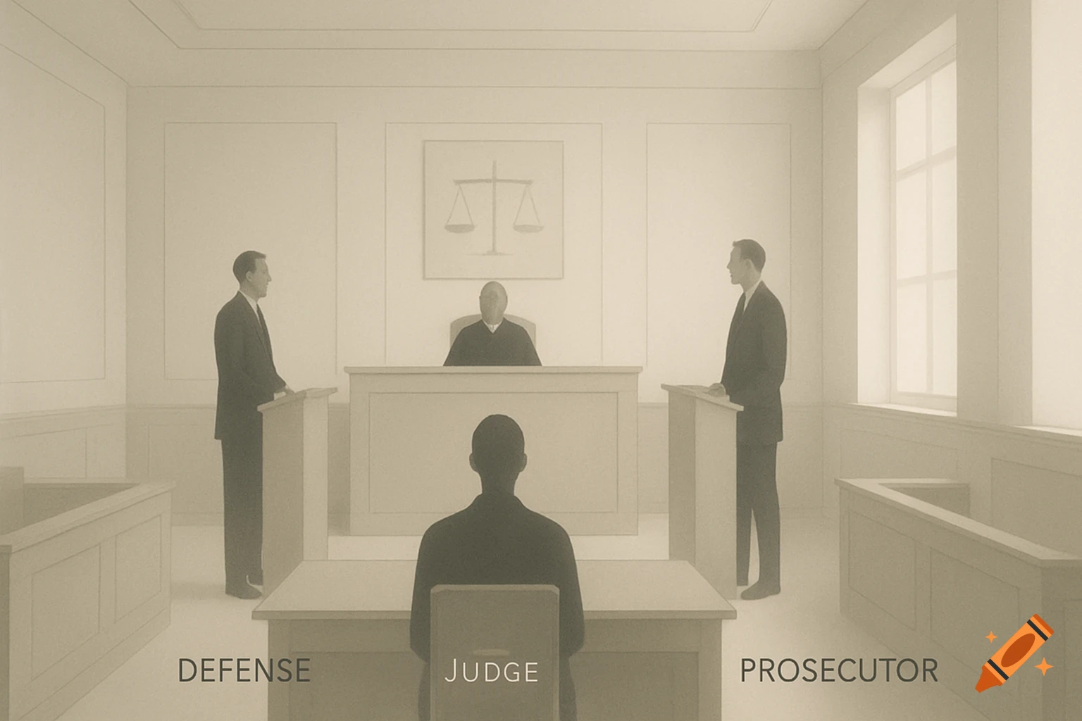 Minimalist illustration of a courtroom with a judge, defense, prosecutor, and defendant. Roles are labeled on the floor.
