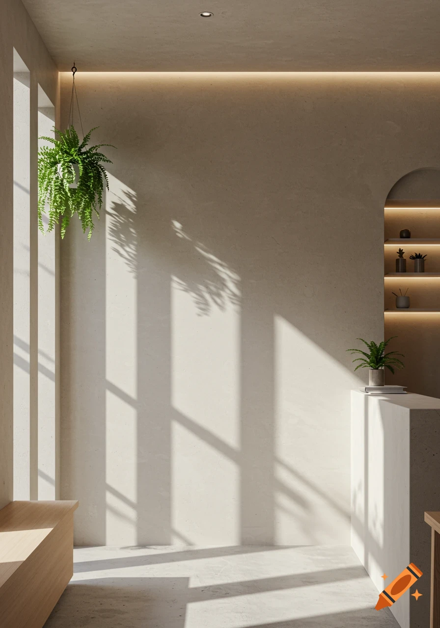 Minimalist coffee shop interior with light-colored walls, hanging fern, and a built-in shelf with decor, bathed in natural window light.