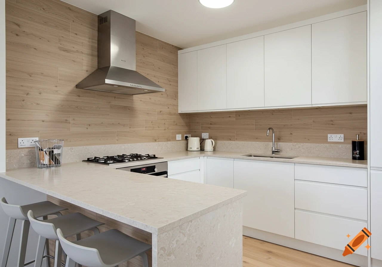 A modern L-shaped kitchen with beige marble countertops, white cabinets, and wood-imitation wall tiles. It features a gas cooktop, oven, extractor hood, sink, and a breakfast bar with three stools.