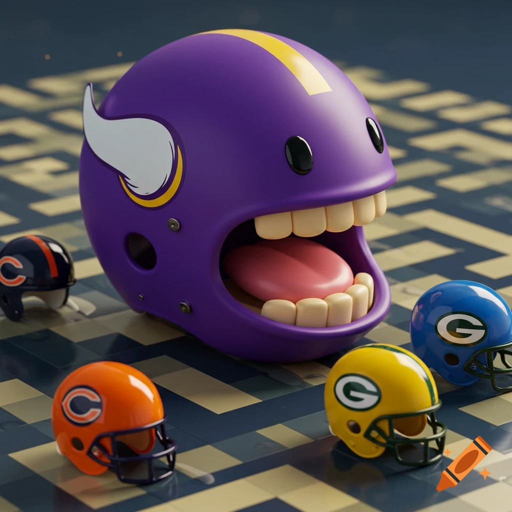 A large, purple Pac-Man style Minnesota Vikings helmet with a wide-open mouth and teeth, surrounded by smaller football helmets of the Chicago Bears and Green Bay Packers on a grid pattern field.