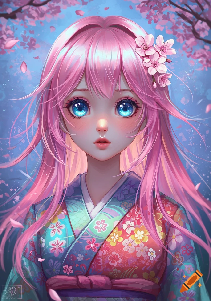 An anime girl with long pink hair and glowing blue eyes, wearing a vibrant floral kimono, with pink cherry blossoms falling around her.