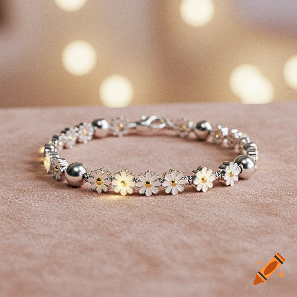 A silver bracelet with glowing daisy charms and spherical beads on a pink textured surface with bokeh lights.