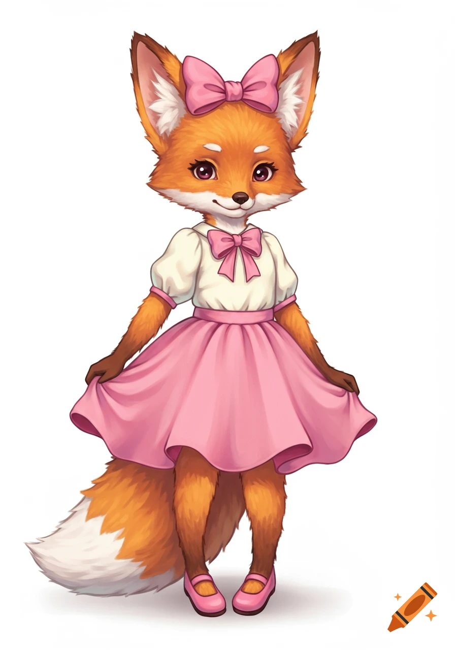 An anthropomorphic fox character with a pink bow, white blouse, and pink skirt, standing against a white background.