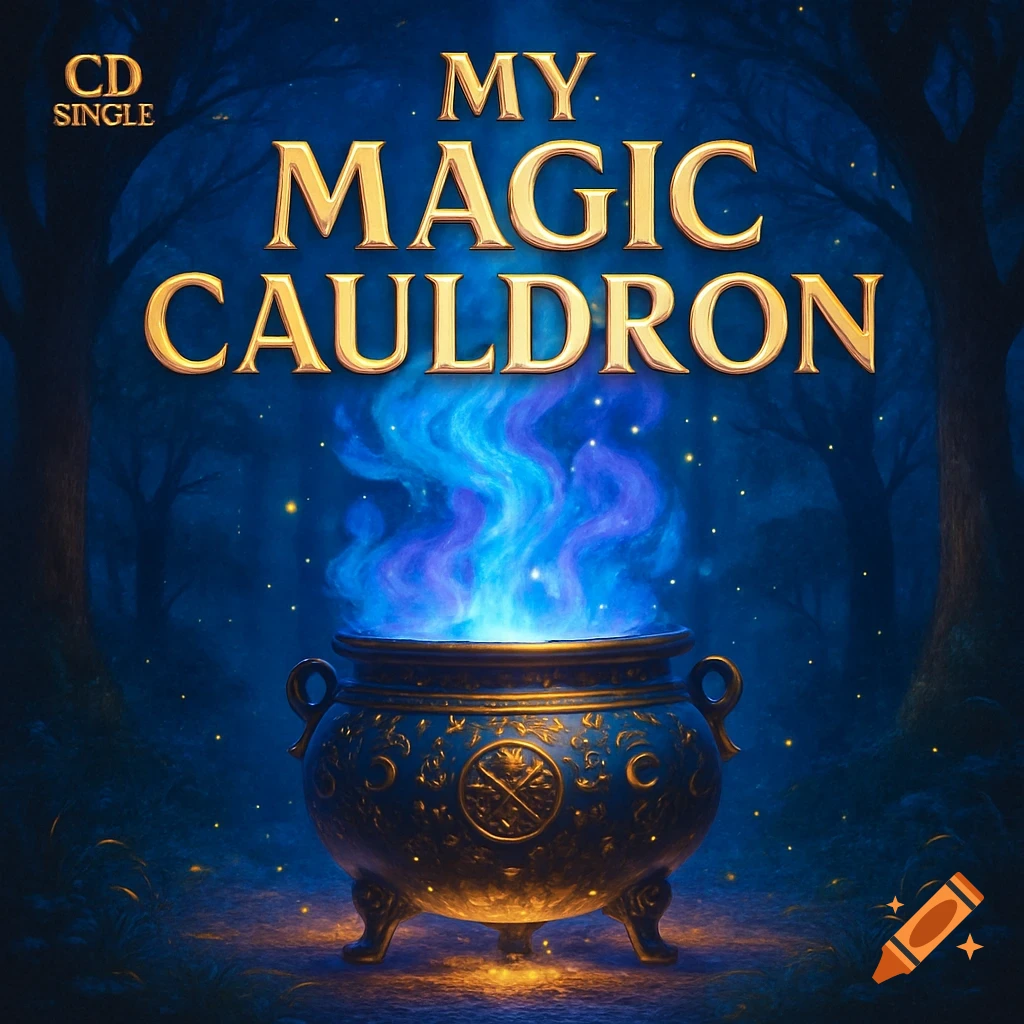A dark fantasy album cover featuring an ornate cauldron emitting blue and purple magic in a forest, with text 'My Magic Cauldron' and 'CD Single'.