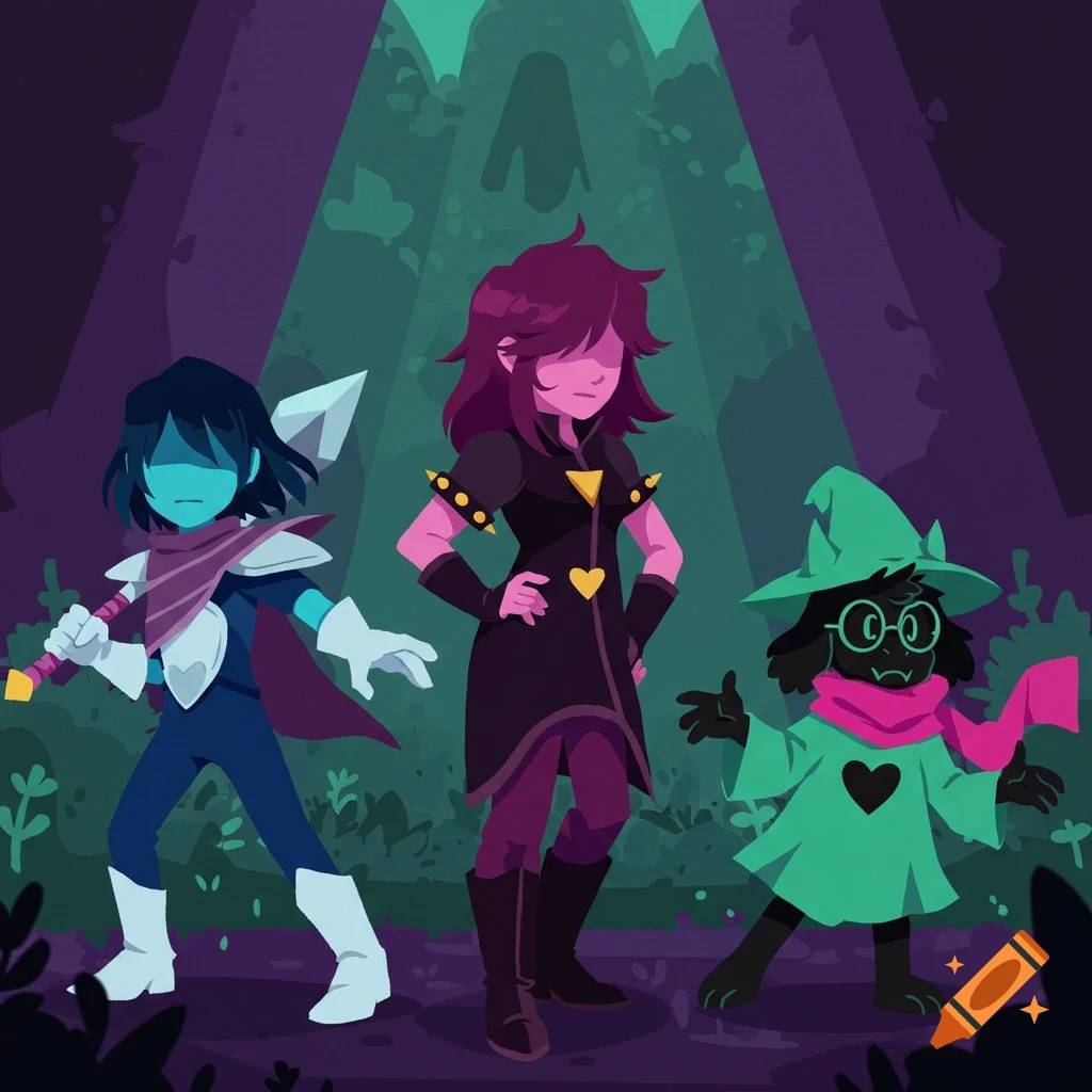 Stylized illustration of three Deltarune characters, Kris, Susie, and Ralsei, standing in a dark, ethereal forest.