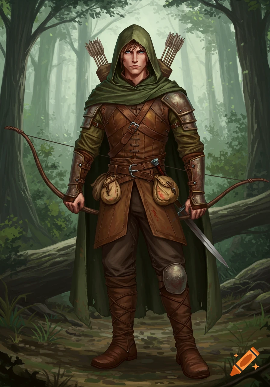 A serious male ranger in leather armor and a green hooded cloak stands in a forest, holding a bow and sword.