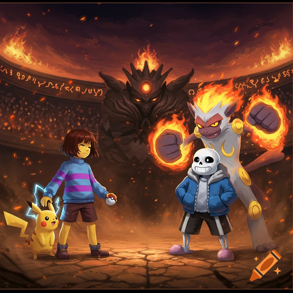 Frisk and Pikachu battling Sans and Infernape in a fiery arena with a large monstrous figure in the background, in a stylized cartoon art style.
