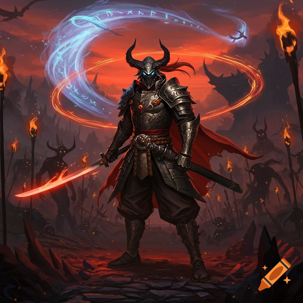 A horned warrior in dark armor stands with a glowing red sword in a hellish landscape with shadowy demons and fire, glowing runes overhead.