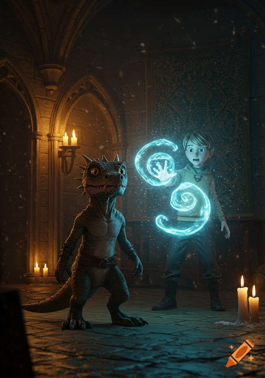 A young boy casts glowing blue magic in a dark, candlelit castle room, watched by a reptilian kobold. Animated style.