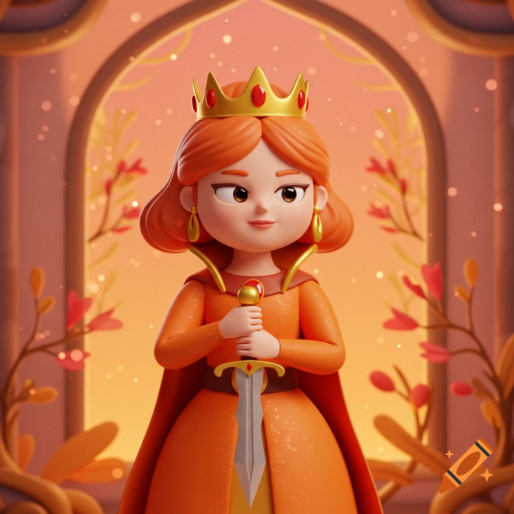 A 3D cartoon portrait of a red-haired queen wearing a gold crown and orange gown, holding a sword. Set against a warm, arched background.