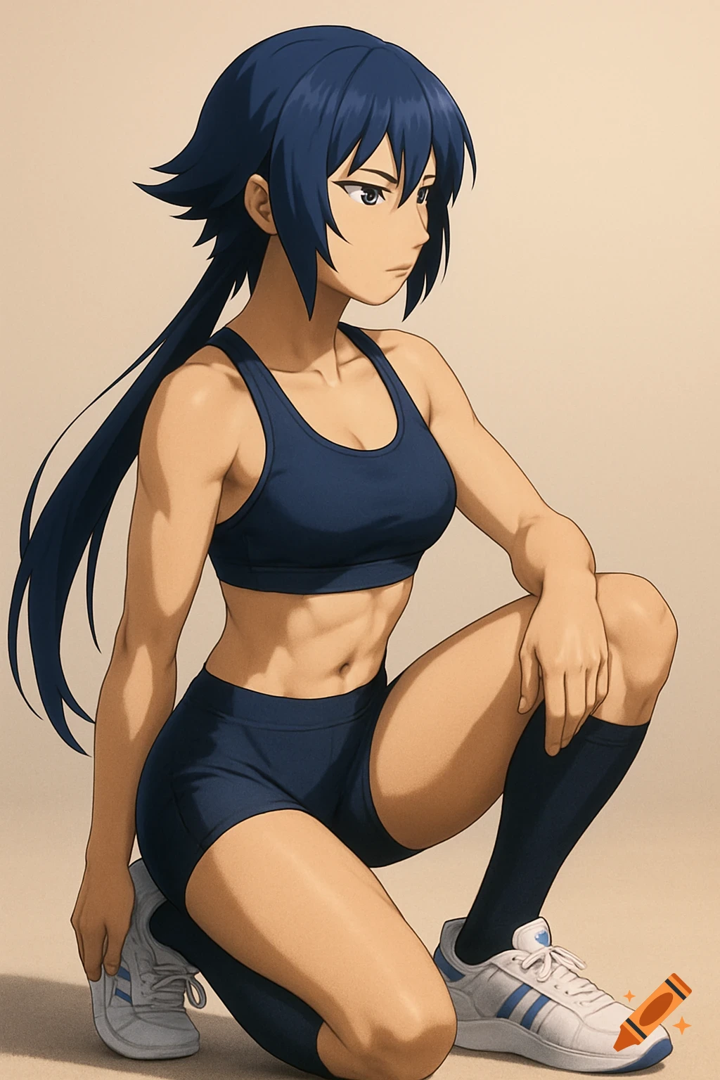 An anime woman with dark blue hair in a ponytail, wearing a dark blue sports bra and shorts, kneels while looking right. She has visible abs and is wearing white sneakers with blue stripes.