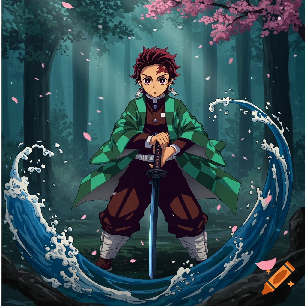 Anime illustration of Tanjiro Kamado in a forest, holding his sword, surrounded by water and falling cherry blossoms.