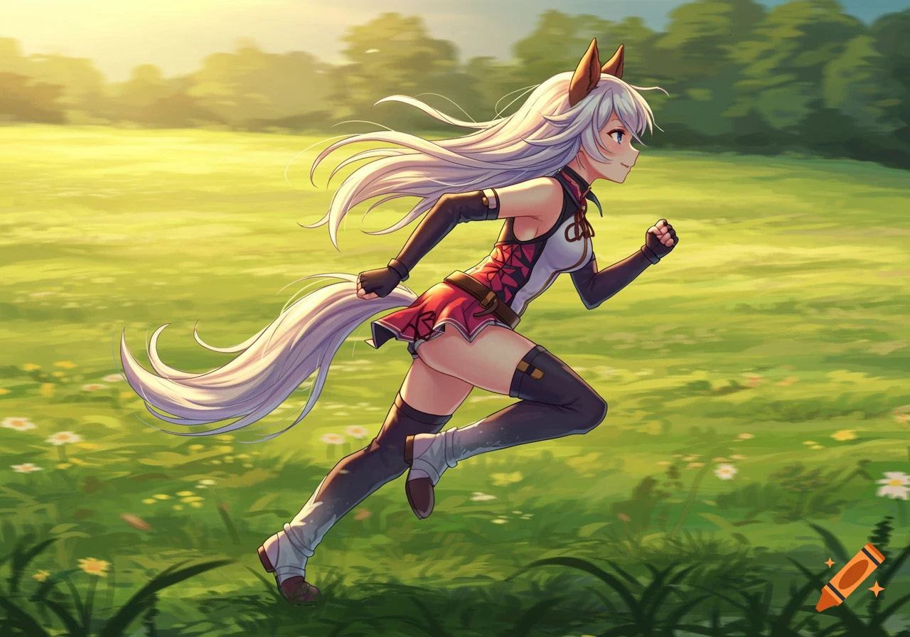 An anime girl with long white hair, horse ears, and a tail, wearing a red and white outfit, runs across a sunny green field.