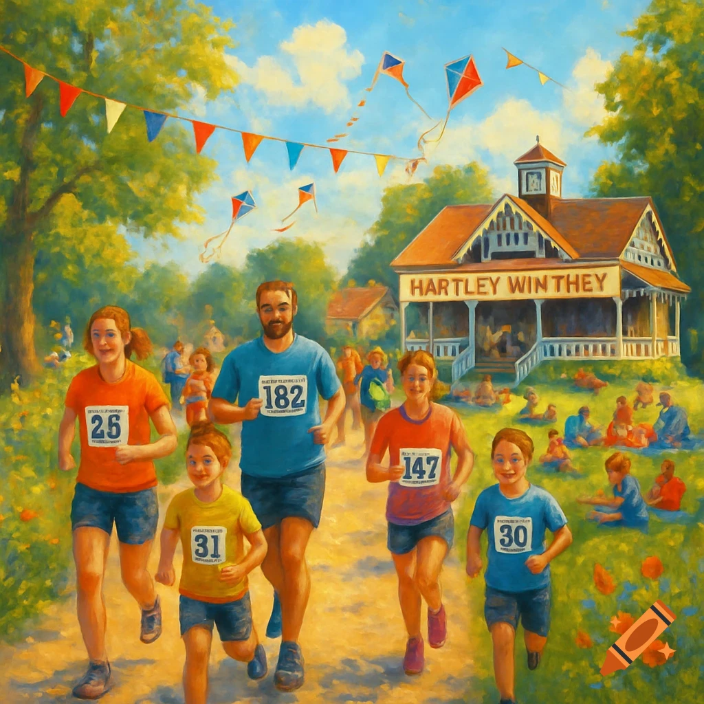 A vibrant painting of a community fun run with adults and children jogging past a building and people picnicking on a sunny day. Kites fly in the sky above.