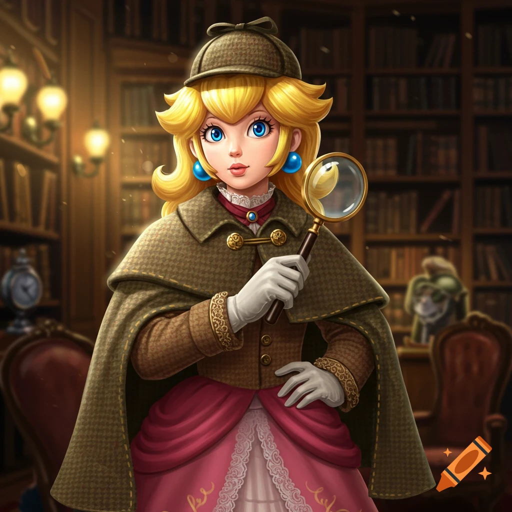Princess Peach as a detective in a tweed coat and hat, holding a magnifying glass in a library.