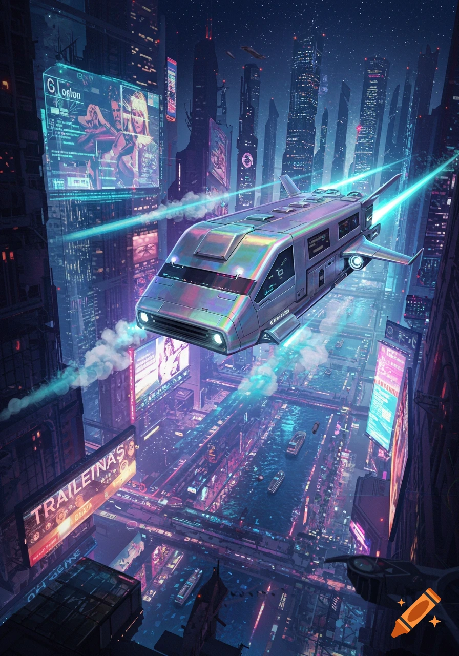 A futuristic iridescent flying vehicle above a vibrant cyberpunk city at night, with towering skyscrapers and neon lights.