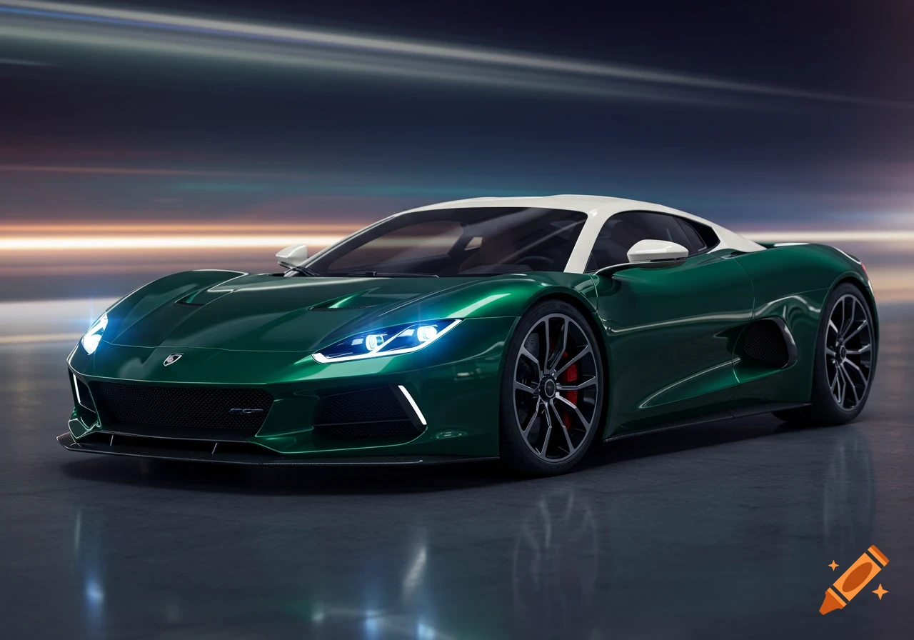 A photorealistic dark green hypercar with a cream white roof and hood, viewed from the front-right on a reflective surface against a blurred, abstract background.