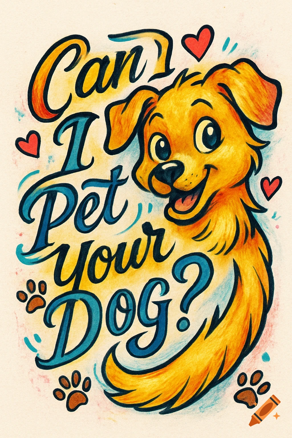A friendly cartoon dog next to stylized text "Can I Pet your Dog?" with hearts and paw prints.