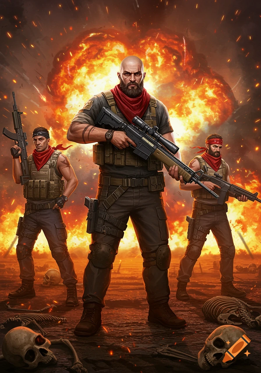 Three armed soldiers in tactical gear stand before a fiery explosion with skeletons on the ground, in a stylized, action-packed scene.