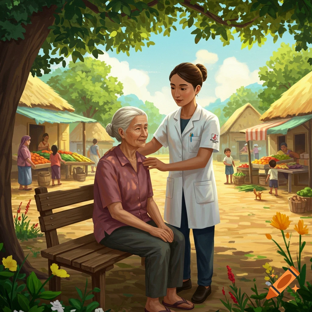 A community health worker in a white coat tends to an elderly woman sitting on a bench in a vibrant, sunny market village, illustrated in a painterly style.