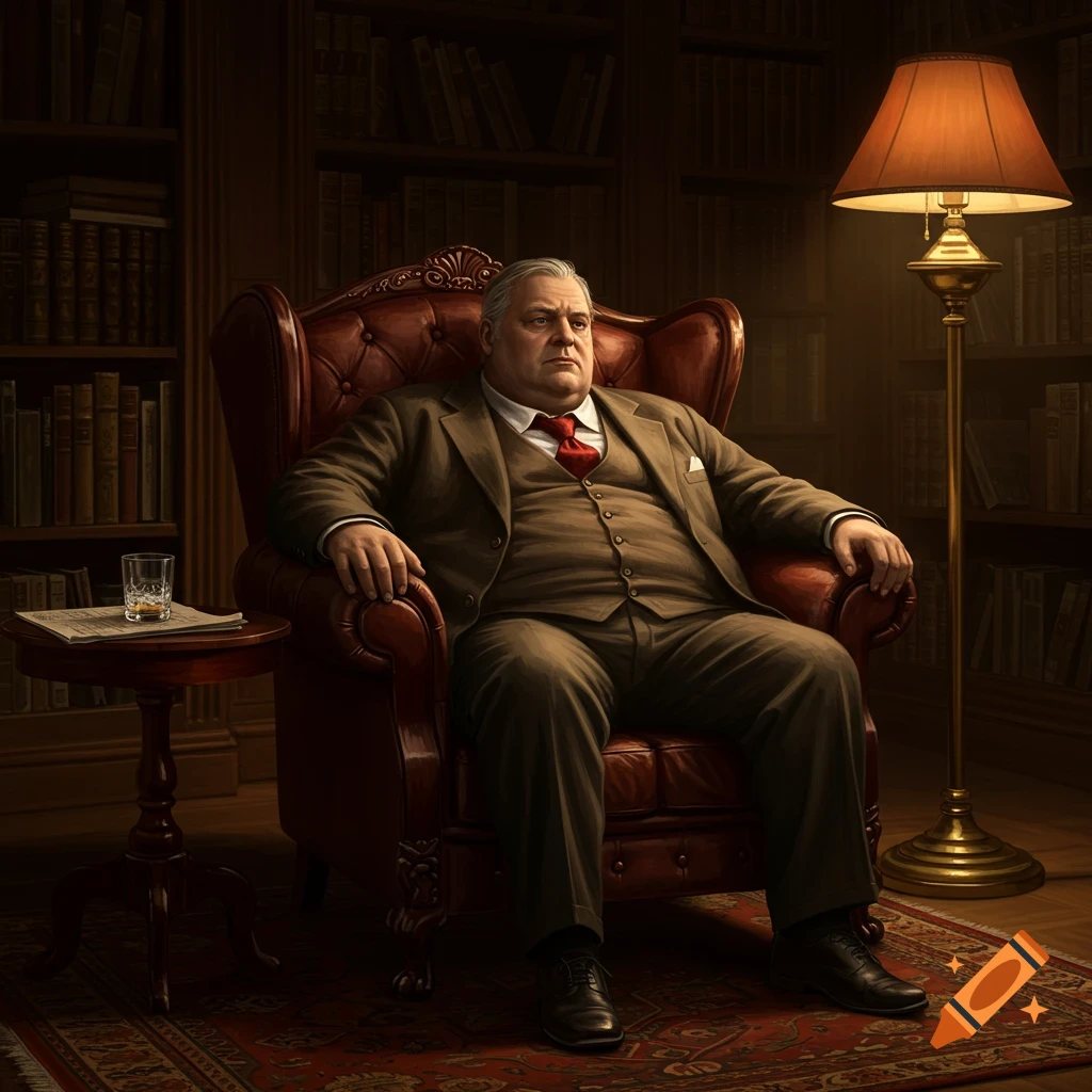 A photorealistic image of a man in a suit sitting in a large armchair in a dimly lit library. A lamp and a drink are nearby.