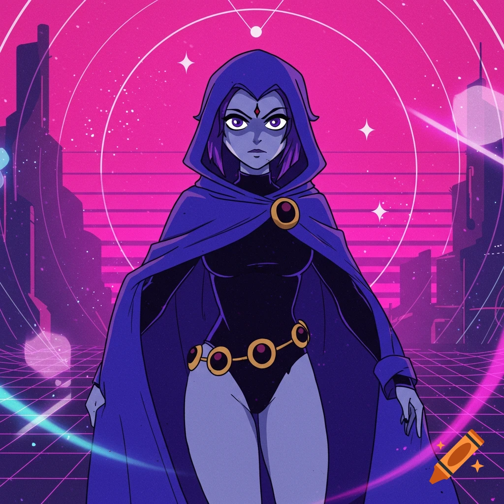 Raven from Teen Titans stands in a futuristic 80s anime cityscape with a pink and purple neon grid.