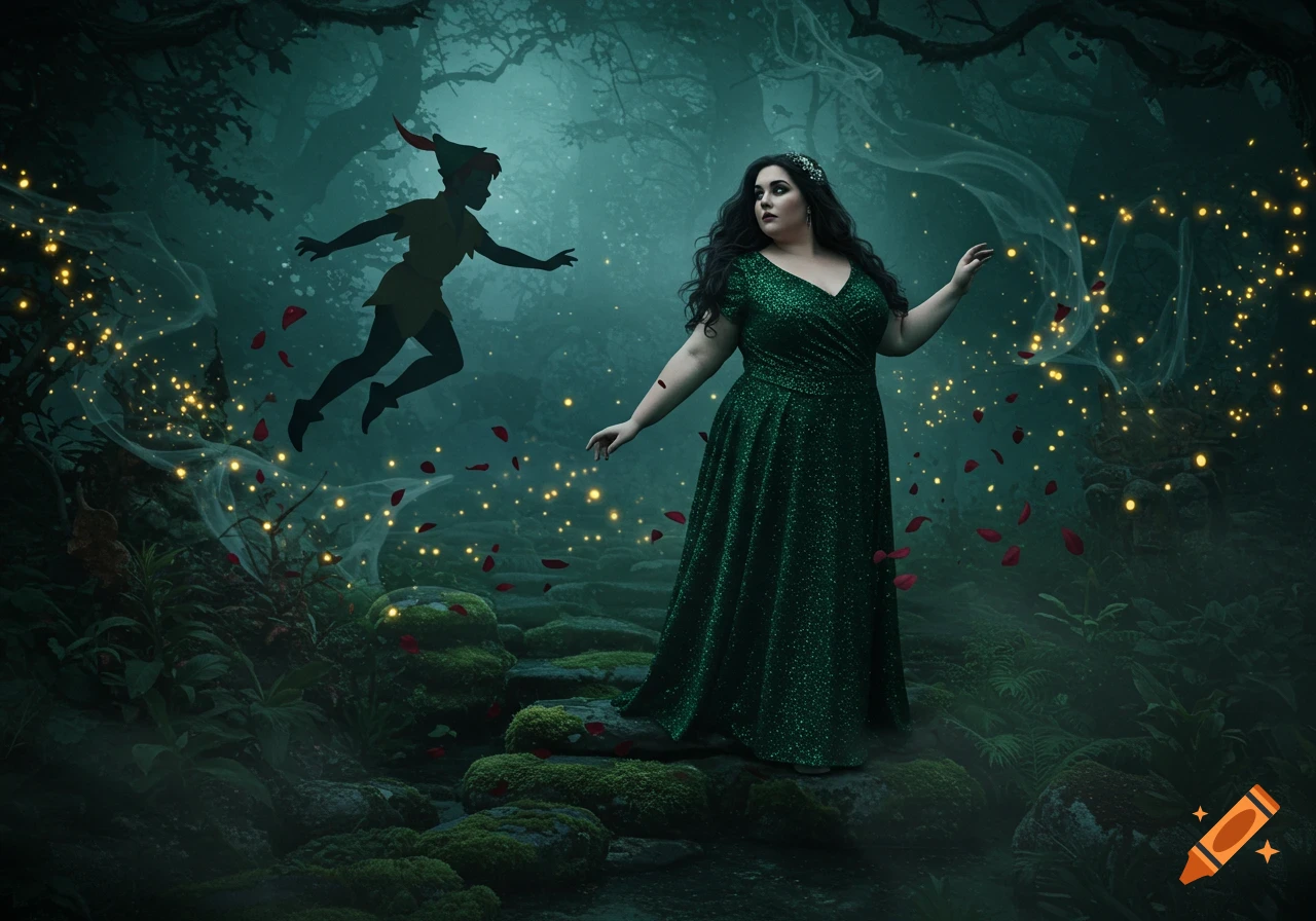 A woman in a sparkling green dress stands in a mystical forest with Peter Pan's silhouette, glowing lights, and rose petals.