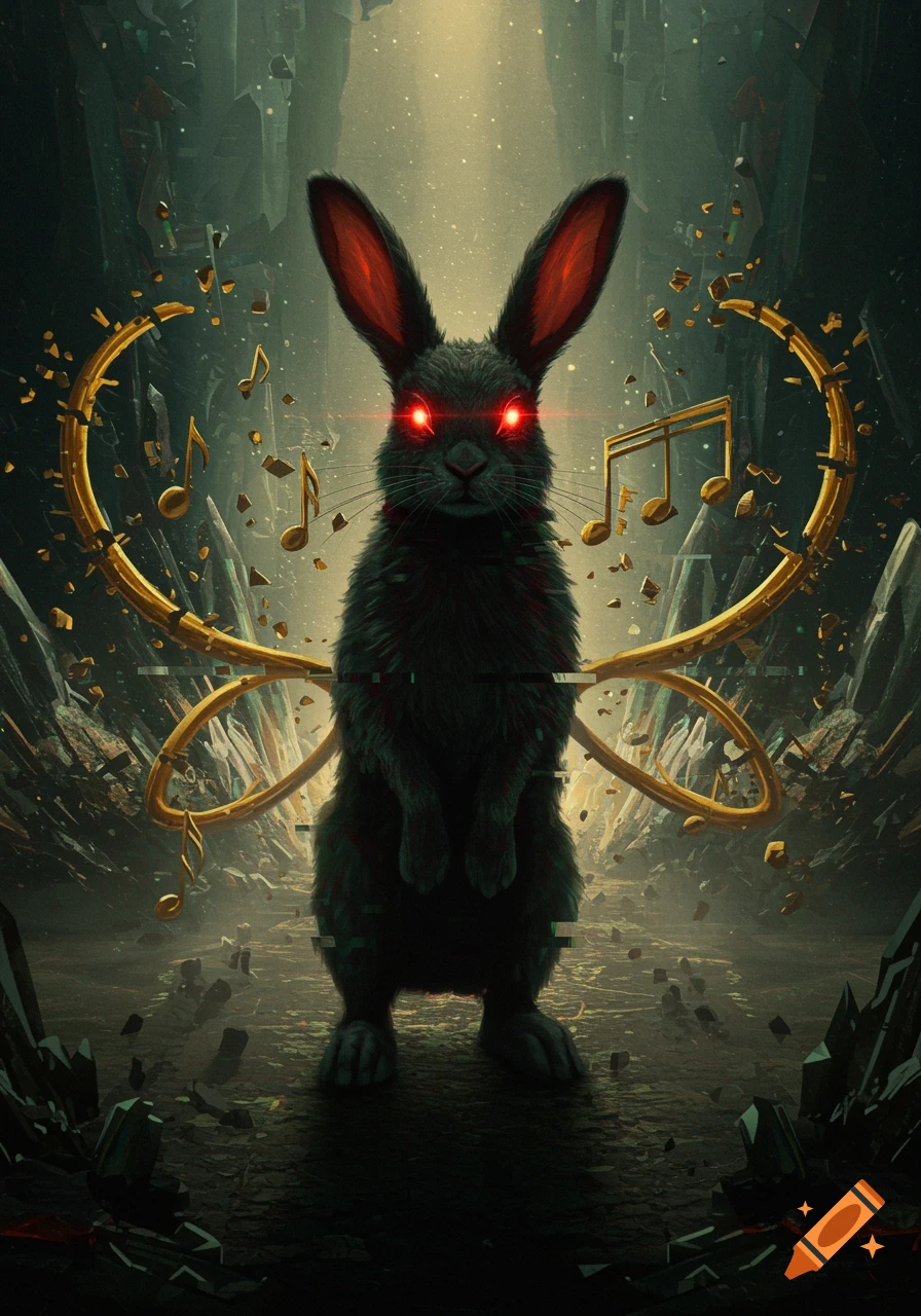 A black rabbit with glowing red eyes stands surrounded by golden musical notes and broken structures in a dark, glitchy digital art style.