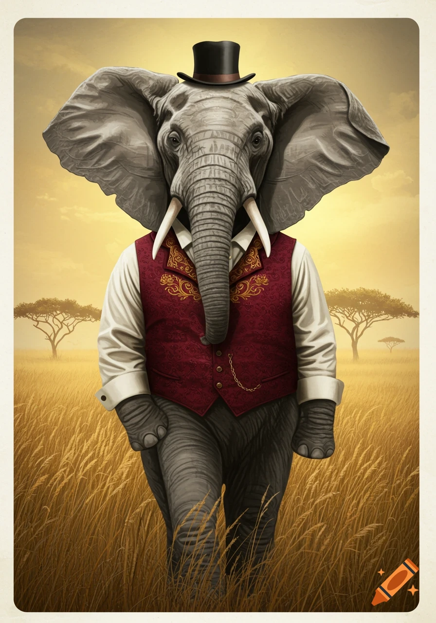 An elephant wearing a black top hat, white shirt, and a red patterned vest stands in a golden grassy field at sunset.