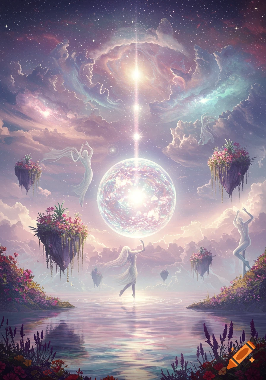 Dreamlike scene with ethereal figures, glowing orb, floating islands, and calm water under a starry sky.