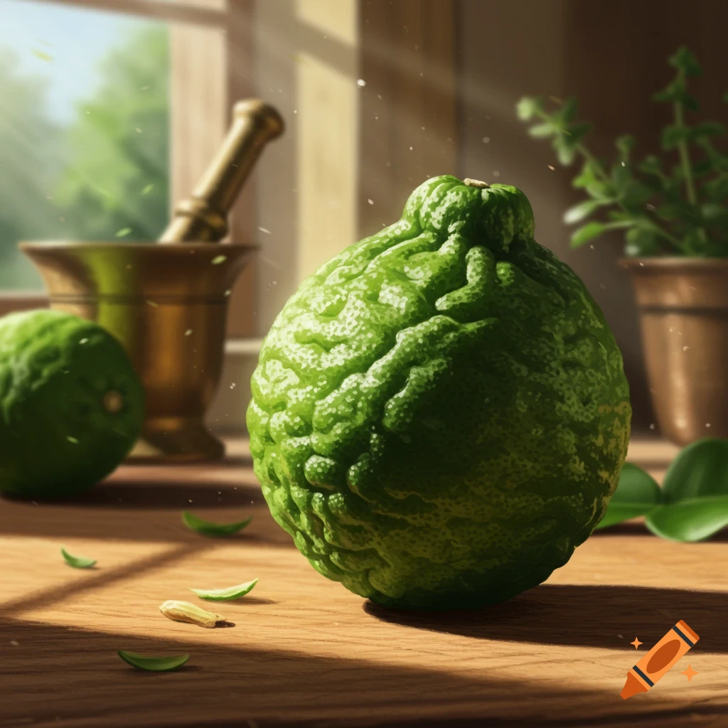 A photorealistic image of a textured green kaffir lime on a wooden table, with a brass mortar and pestle in the background.