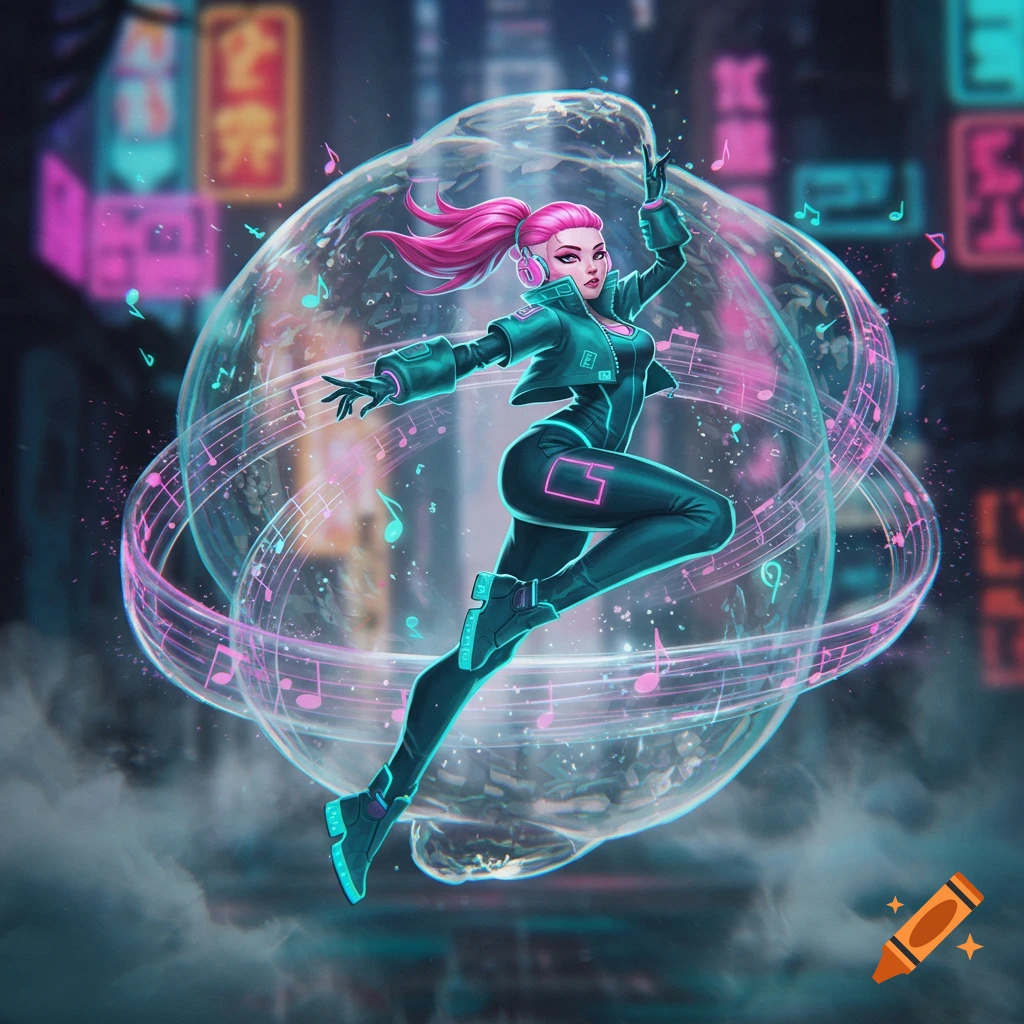 A stylized female character with pink hair and a teal outfit floats inside a bubble with glowing musical notes in a cyberpunk city at night.