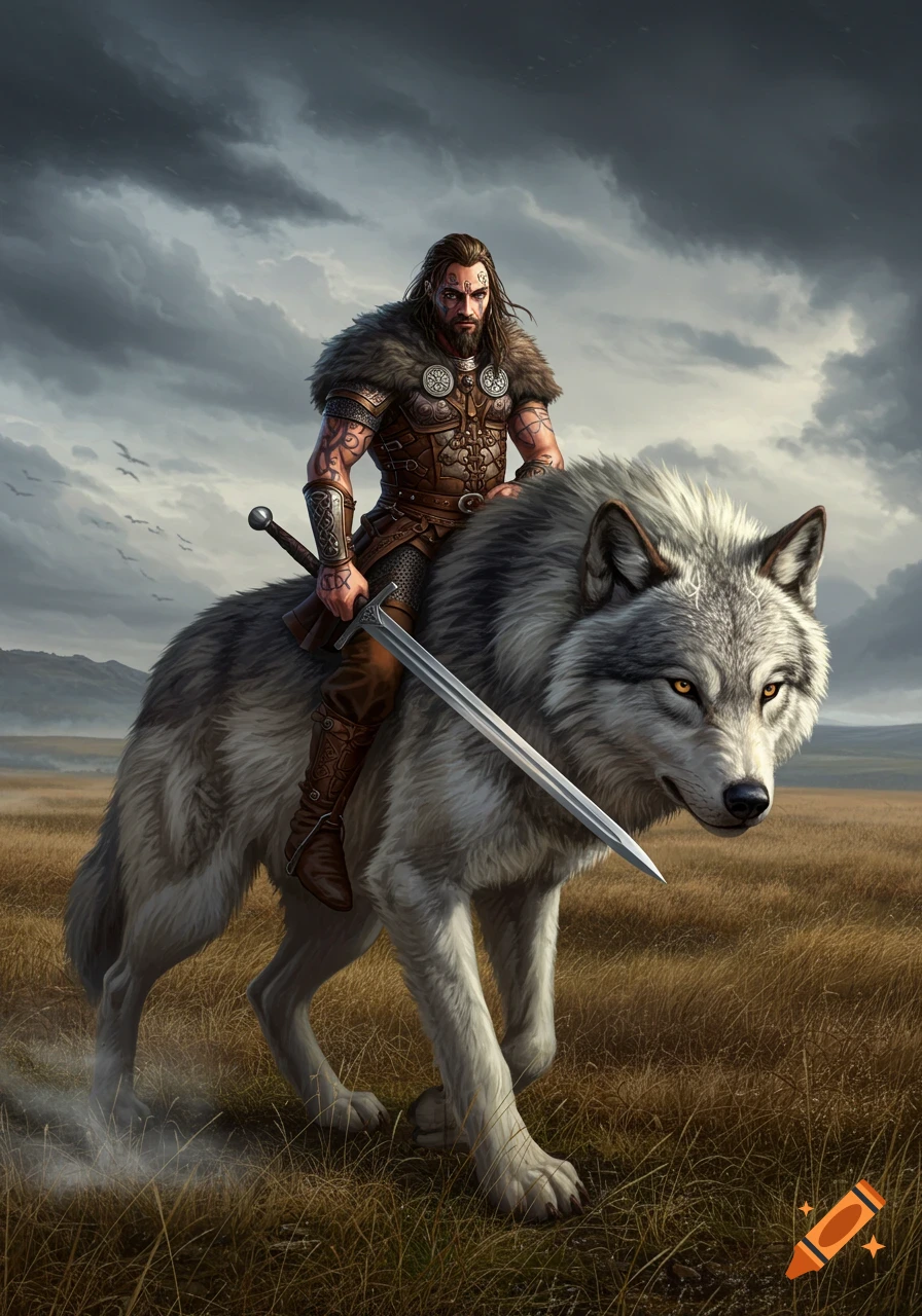 A bearded warrior in armor and fur rides a large grey wolf across a field under a stormy sky, wielding a sword.
