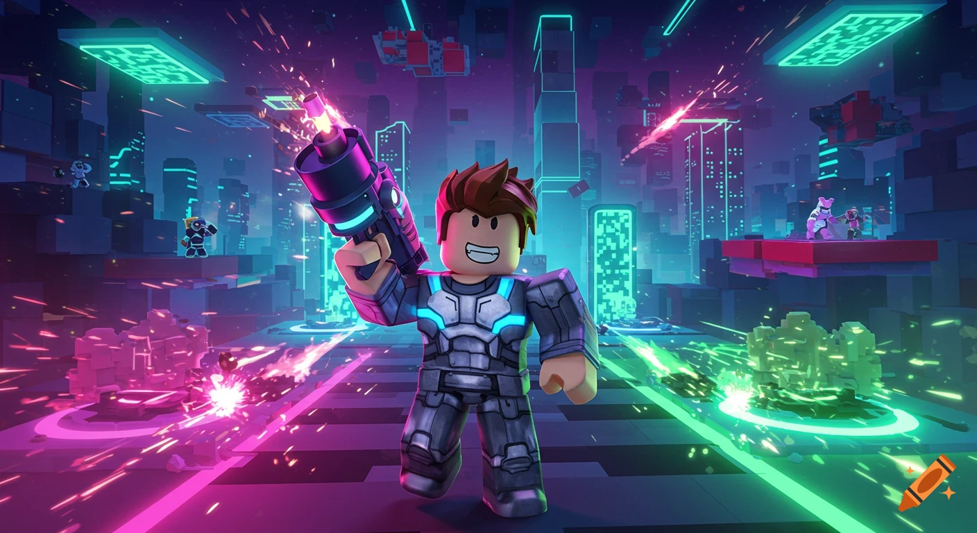 A Roblox-style character in futuristic armor holds a laser gun in a neon-lit, blocky cityscape with other characters and explosions.