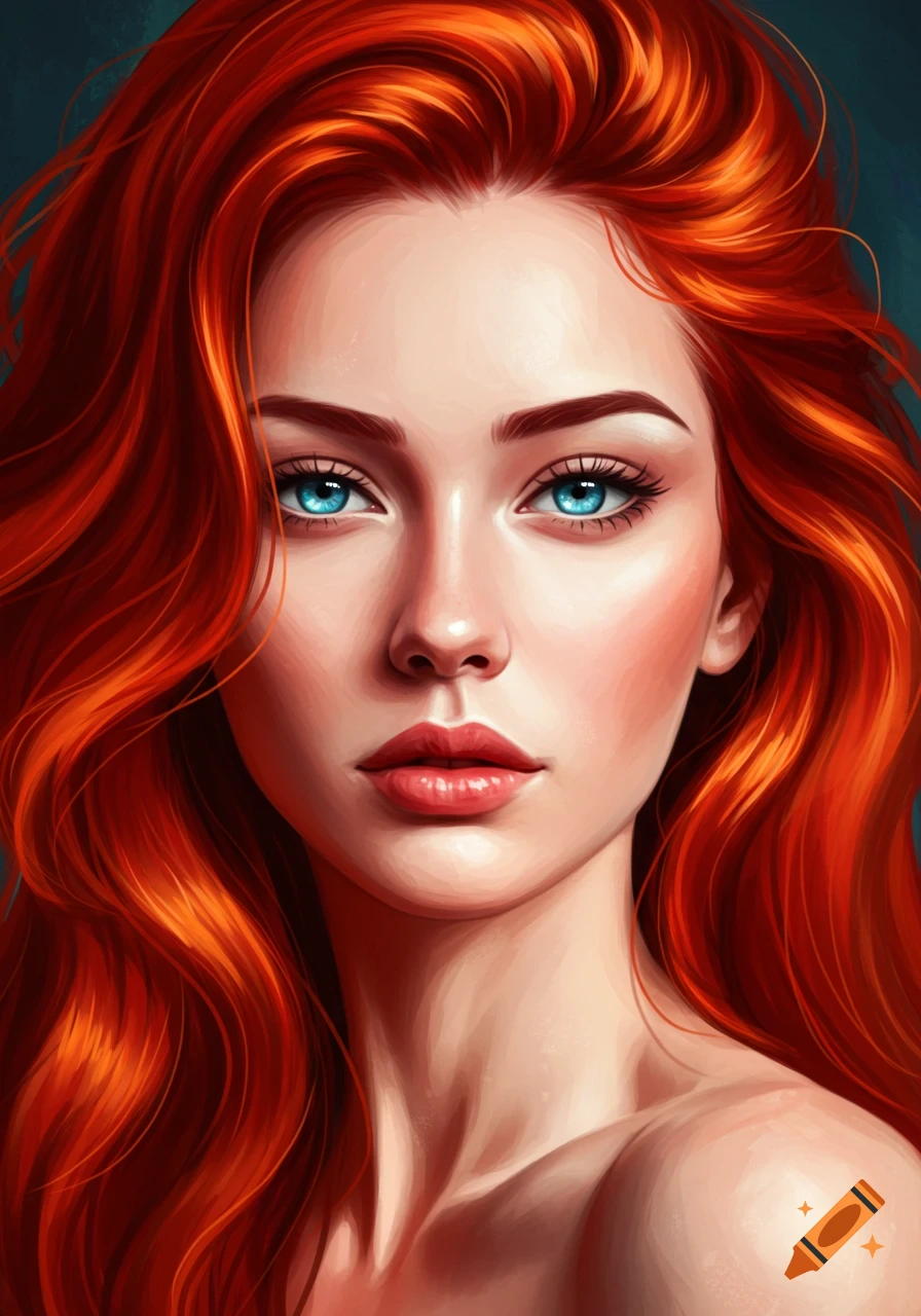A stylized close-up portrait of a woman with flowing vibrant red hair and intense blue eyes.