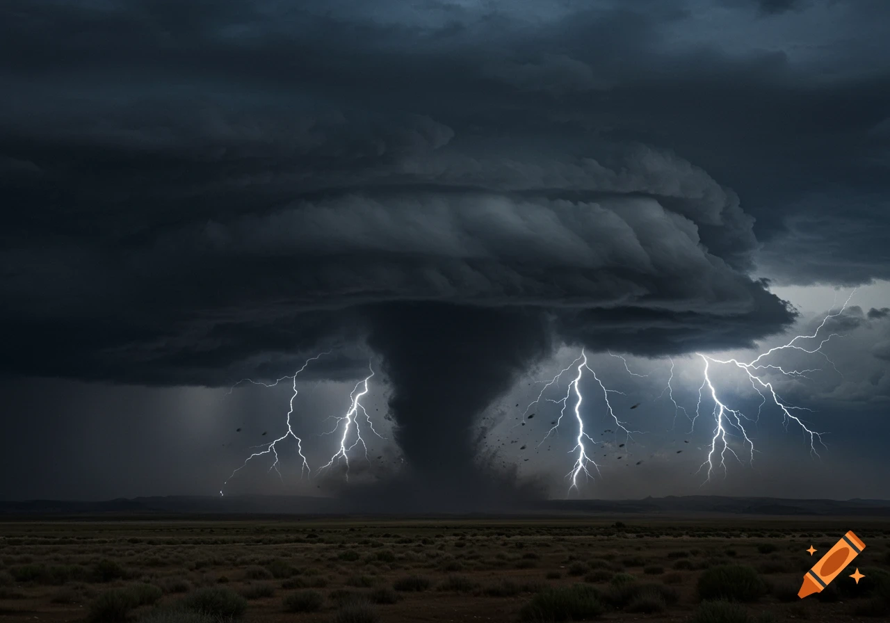 A powerful tornado swirls under dark storm clouds with multiple lightning bolts striking a vast, flat landscape.