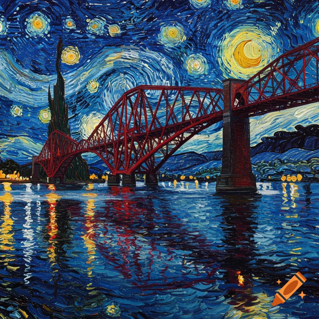 A painting of a red truss bridge over water at night, with a swirling blue sky, bright stars, and reflections, in the style of Van Gogh.