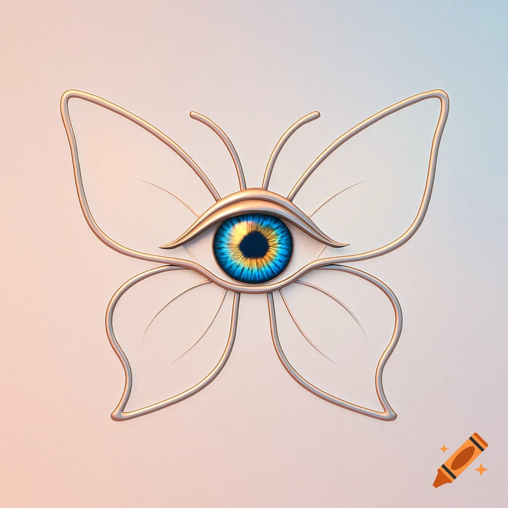A stylized butterfly logo with a detailed blue and yellow eye at its center, outlined in metallic lines on a gradient background.