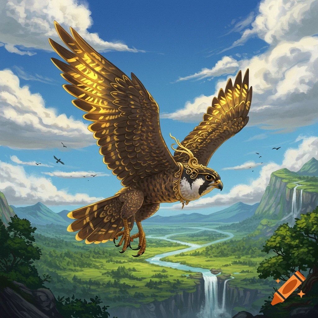 A majestic golden-winged falcon flies over a lush green valley with winding rivers, waterfalls, and mountains under a blue sky.