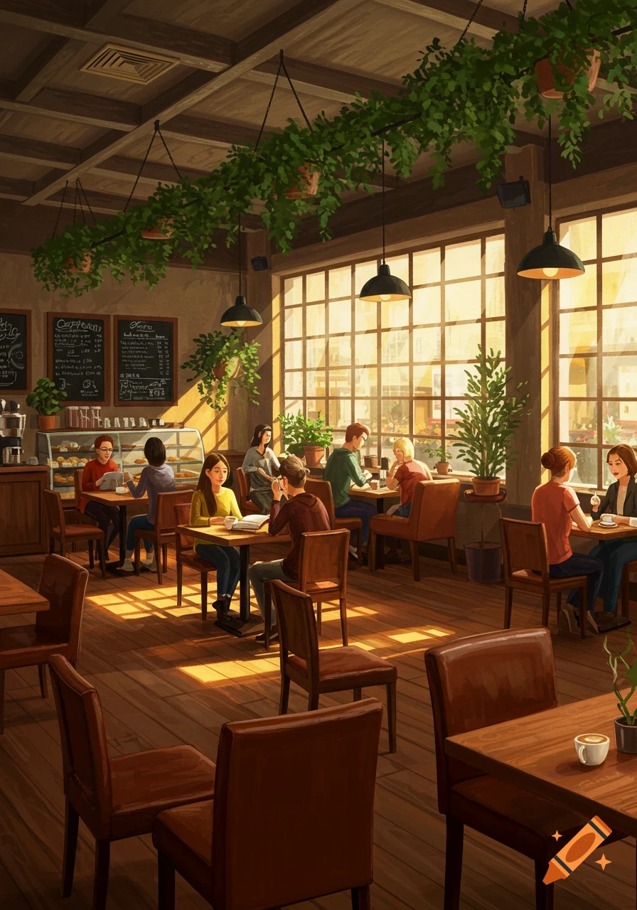 Illustrated scene of people in a sunlit coffee shop with large windows and hanging plants.
