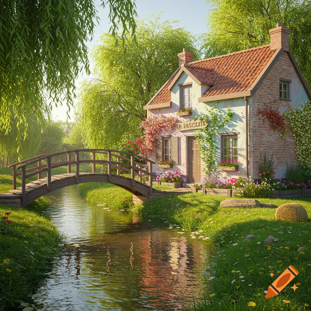 A charming cottage with a red roof and flowers by a stream with a wooden bridge, surrounded by lush green trees and sunlit grass.