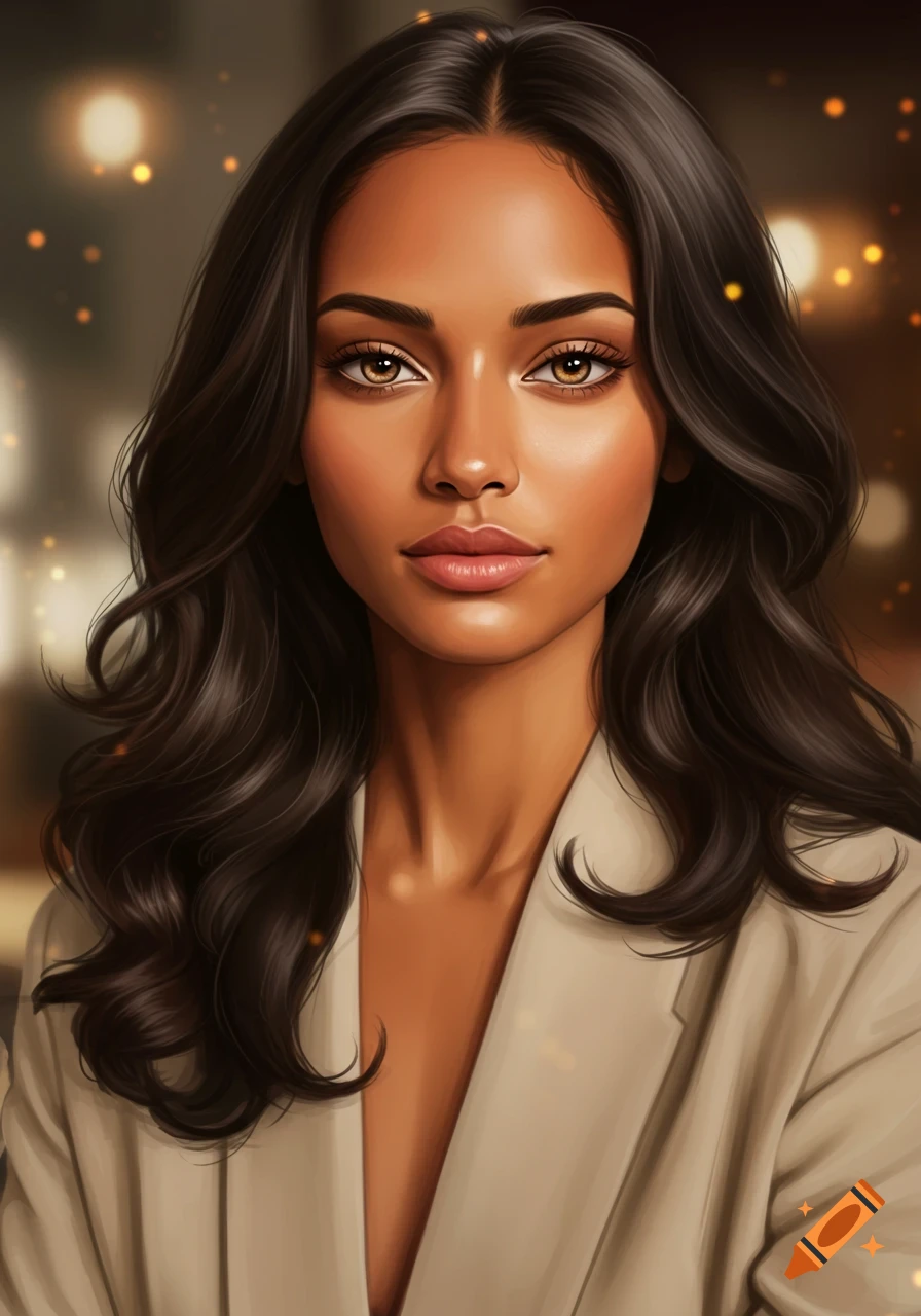 Photorealistic portrait of a beautiful woman with dark wavy hair, olive skin, and brown eyes, wearing a neutral blazer.
