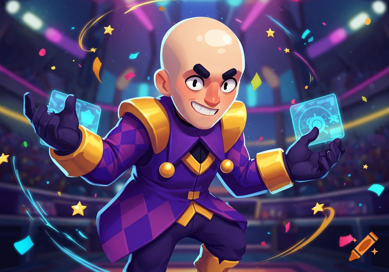 A bald, cartoon man in a purple and gold jester suit smiles, holding glowing blue cards in a vibrant, confetti-filled stadium.