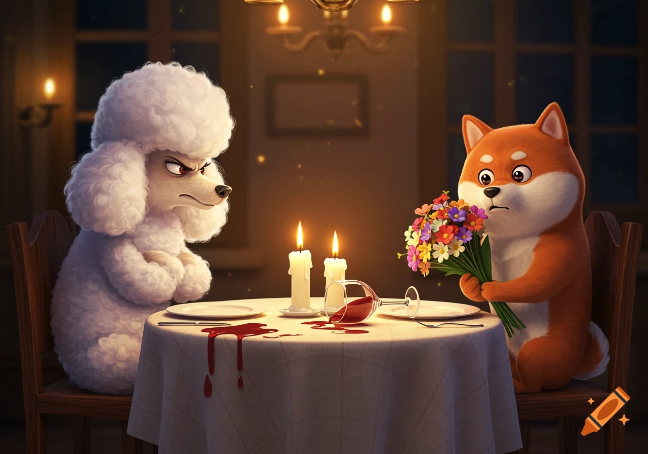 A white poodle looks angry at a nervous orange Shiba Inu holding flowers at a candlelit dinner table with spilled wine.