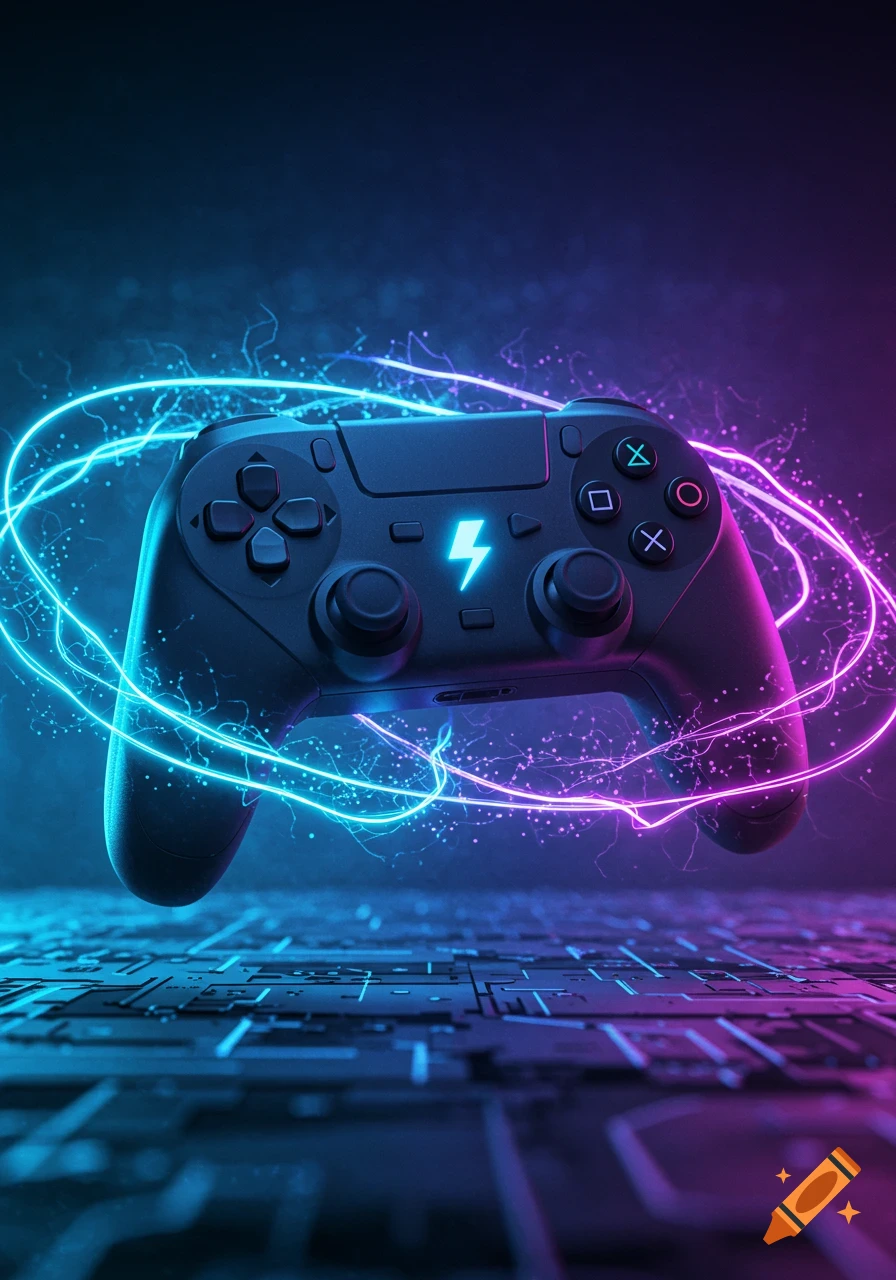 Gaming controller with glowing blue lightning symbol and neon light trails on a dark, futuristic background.