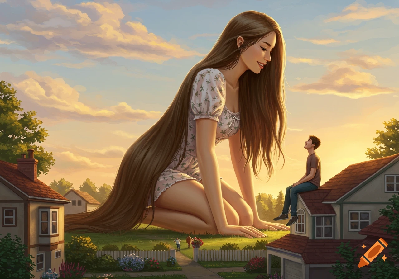 A giantess with long brown hair kneels in a suburban neighborhood, looking down at a man sitting on a house roof during sunset.